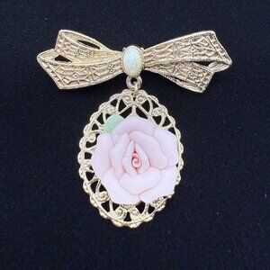 Vintage 1928 Porcelain Rose Brooch Faux Pearl Dangle Ribbon Bow Lapel Pin
